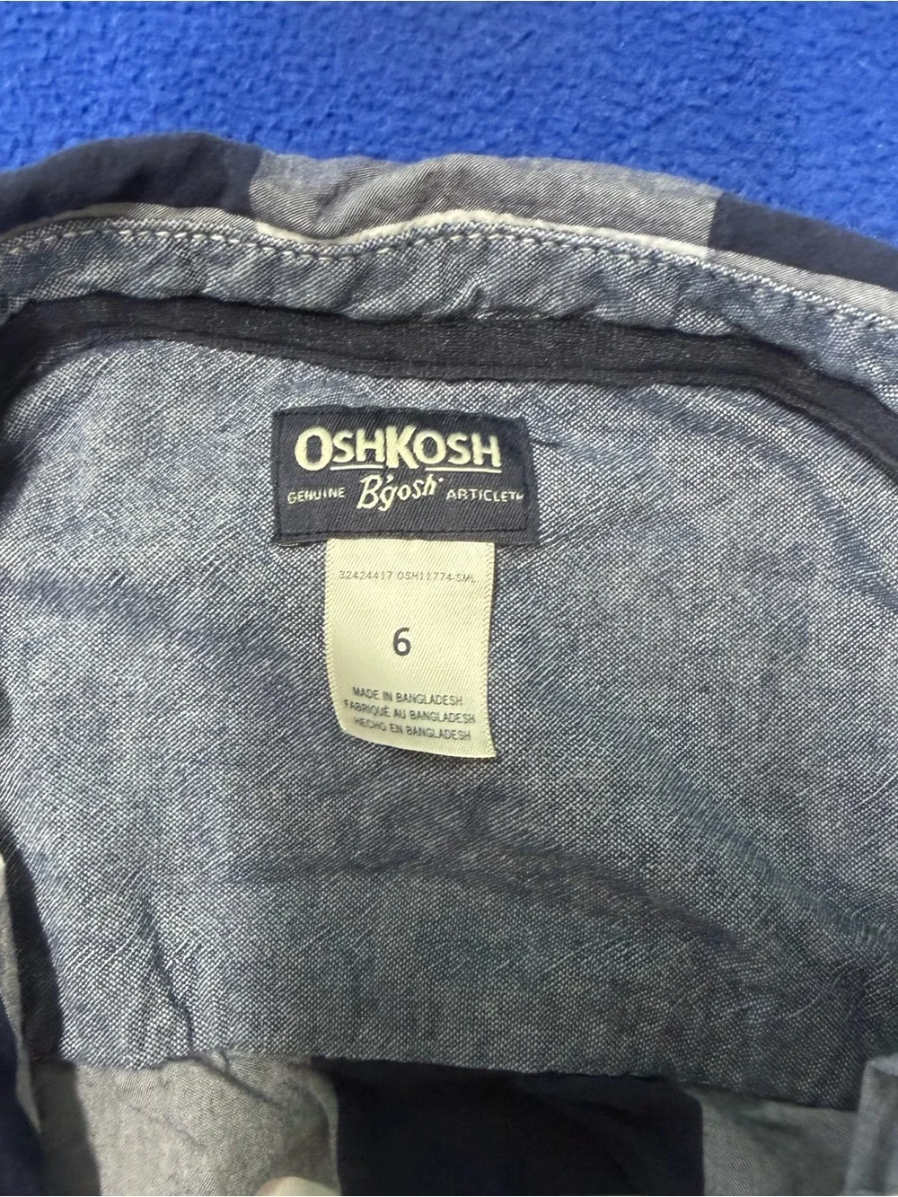 OshKosh B'gosh Navy, White, gray & blue Plaid Button-Down Shirt 6 may have spots
